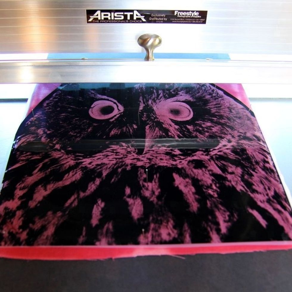 Professional units like these generate less heat and provide more even exposure than large black lights. Our unit took 10 minutes to develop this print.