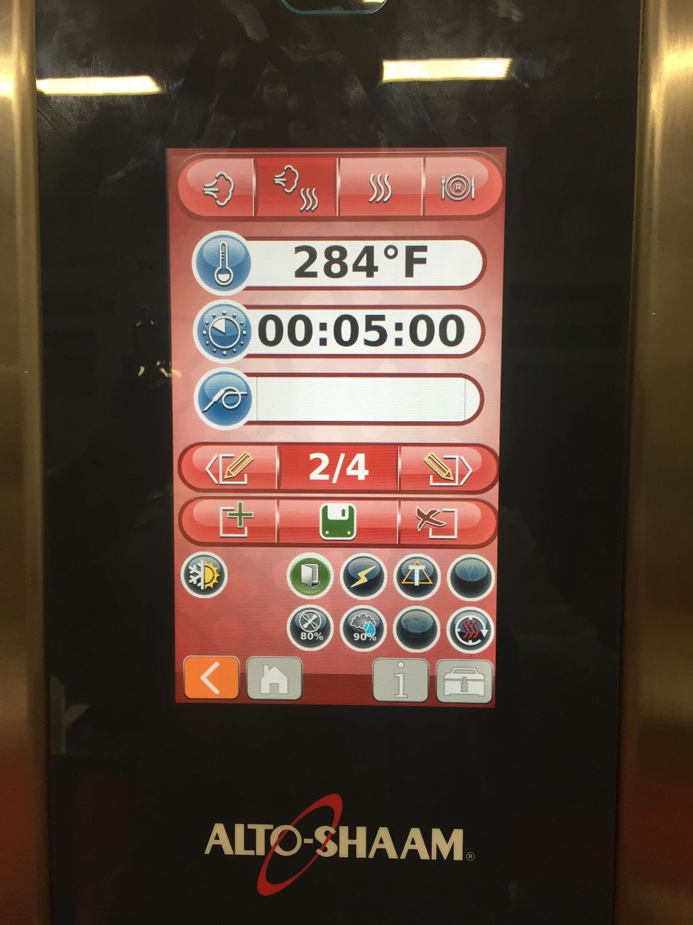 Program the second step of the Combi to 284 degrees on combi, at 80% fan speed, 90% humidity for 5:00 minutes.