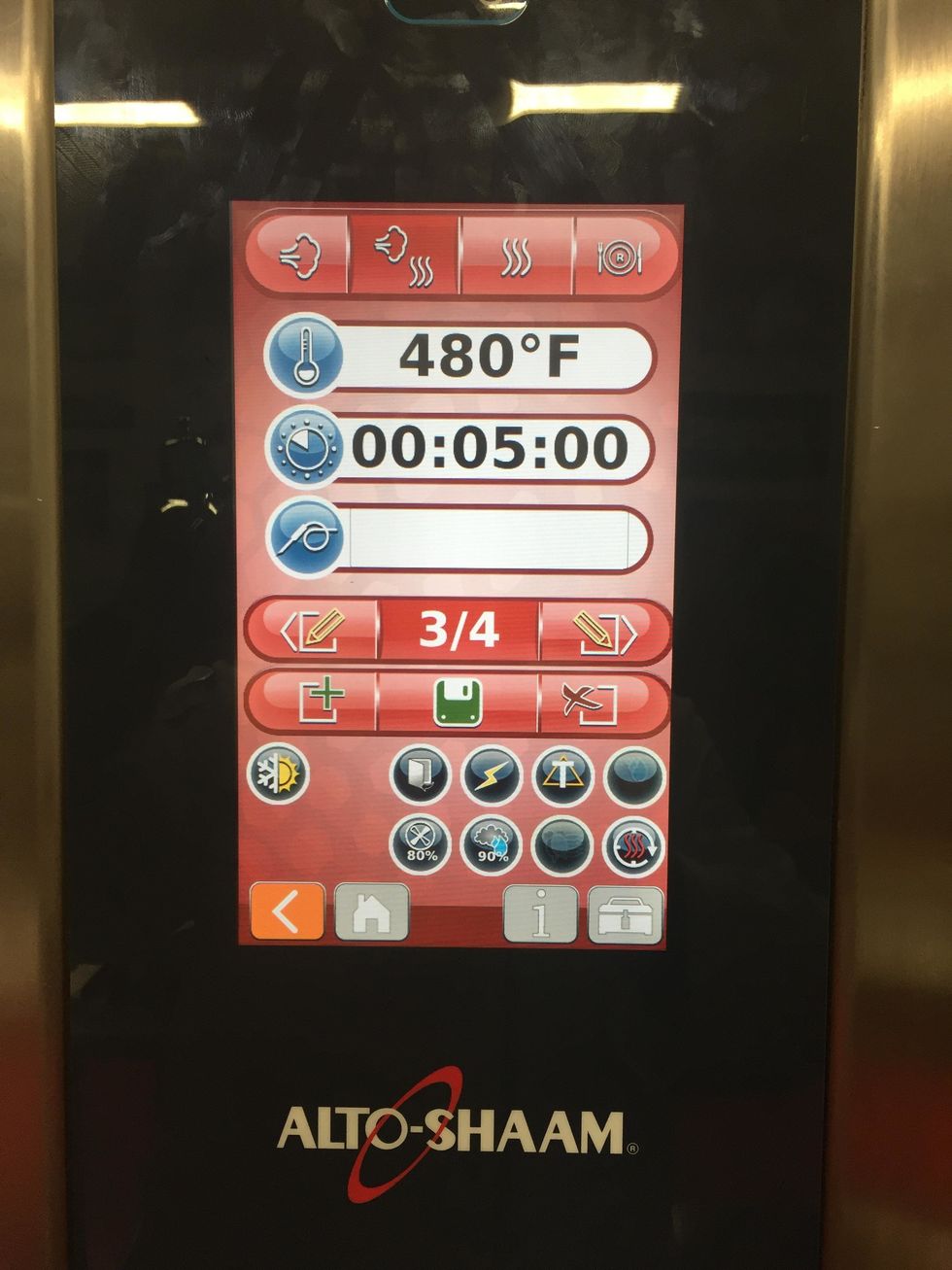 Program the third step to Combi 480 degrees at 80% fan speed, 90% humidity for 5:00 minutes.