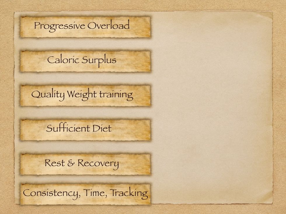 PROGRESSIVE OVERLOAD, CALORIC SUPLUS,  a QUALITY WEIGHT TRAINING PROGRAM, a SUFFICIENT DIET, REST, and CONSISTENCY, TIME, and TRACKING