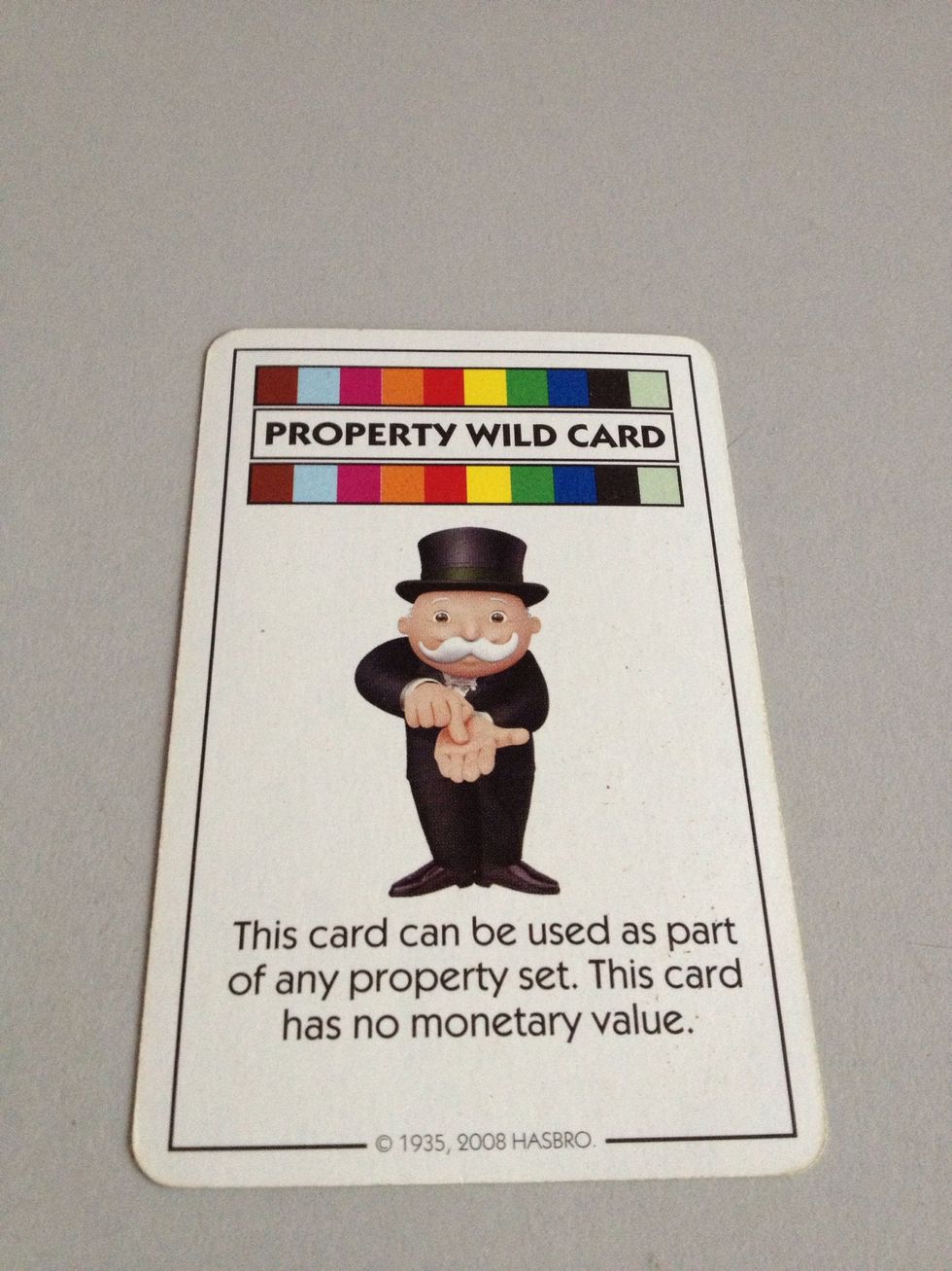 Property wild card: can be used with ANY coloured property! This is really useful, but note that it's subject to Forced Deal, Sly Deal and Deal Breaker.