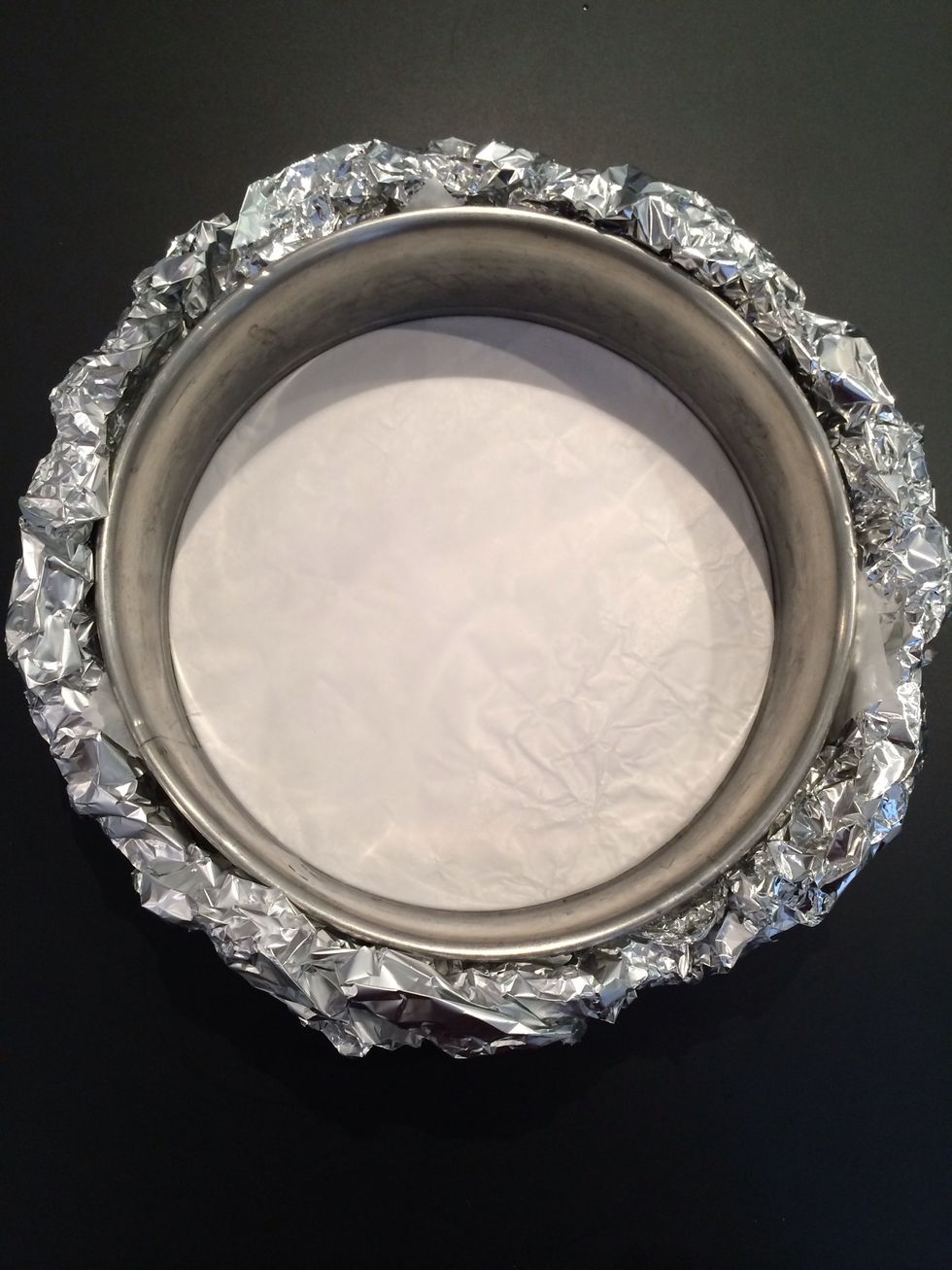 Protect the base with a foil so as the water doesn't get in the cake. It will be cooked in (Bain marie) water bath