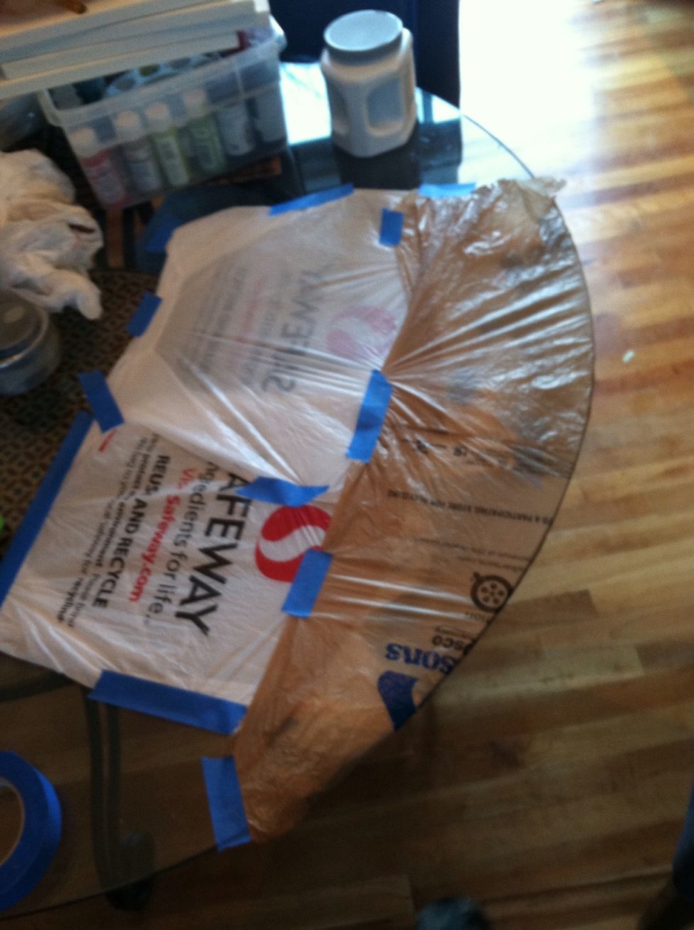 Protect your area from the paint and begin painting the whole canvas with the color you want as the design. (Forgot to take pic, sorry I'm human...)