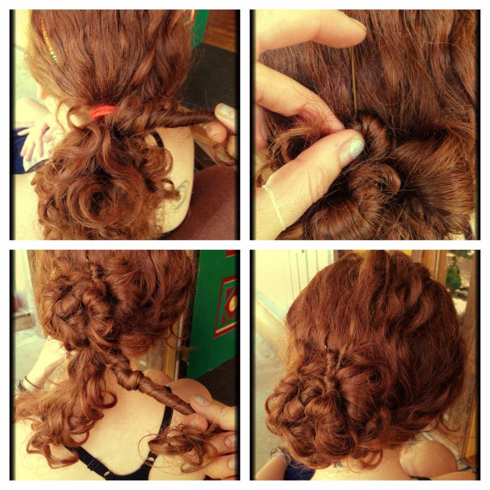 Pull all the hair into a low ponytail. She did hers slightly off center, so that it could be seen from the front, but you can center it if you want.