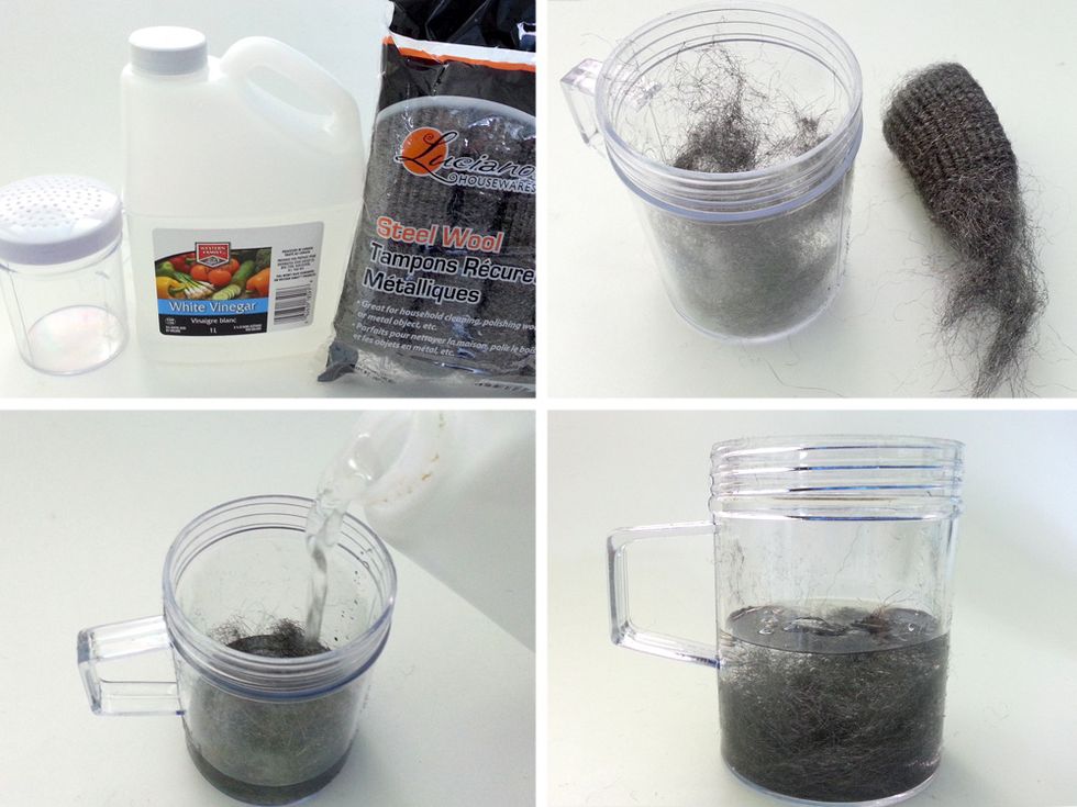 Pull apart steel wool and submerge in container of vinegar for 10 hours or more