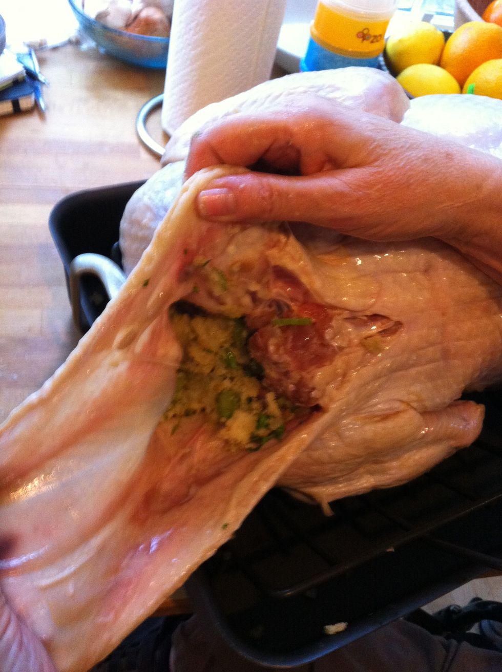 Pull away the skin from the neck and stuff the neck cavity until full (1-2 cups). Fold the neck underneath the bird and place on the cooking rack.