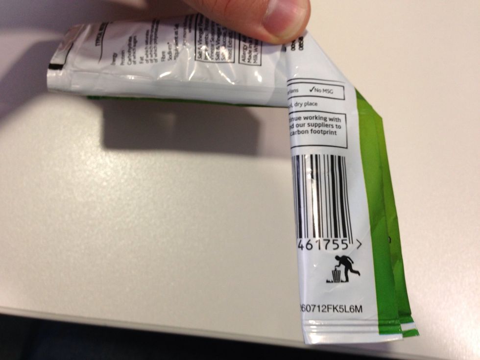 Pull down right side at middle of packet at right angle