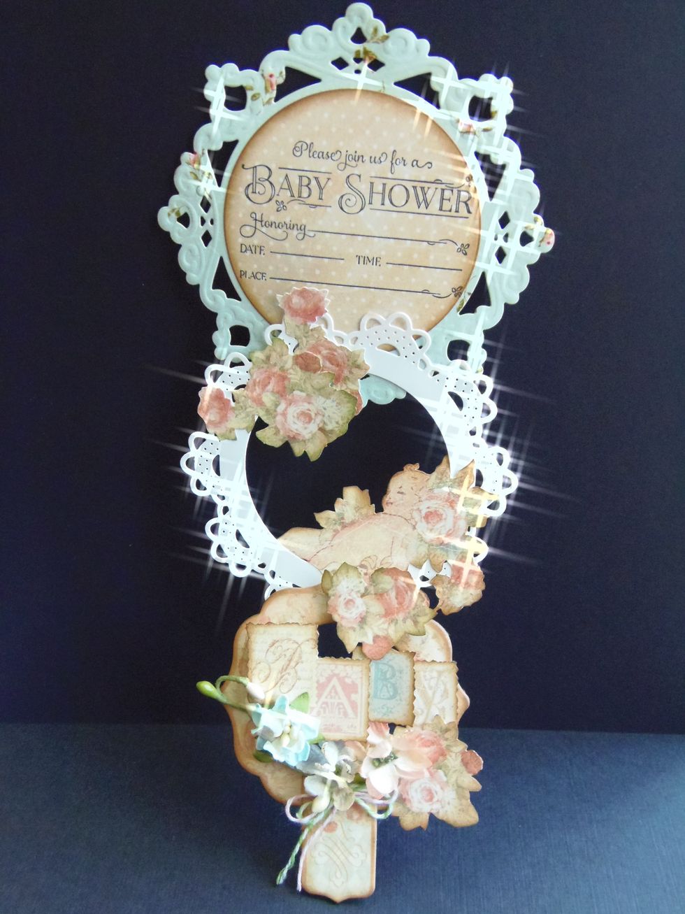 Pull down tab to open card and view whole invitation. Notice the elements that were initially glued upside down are now viewed in the right position when card is opened completely.