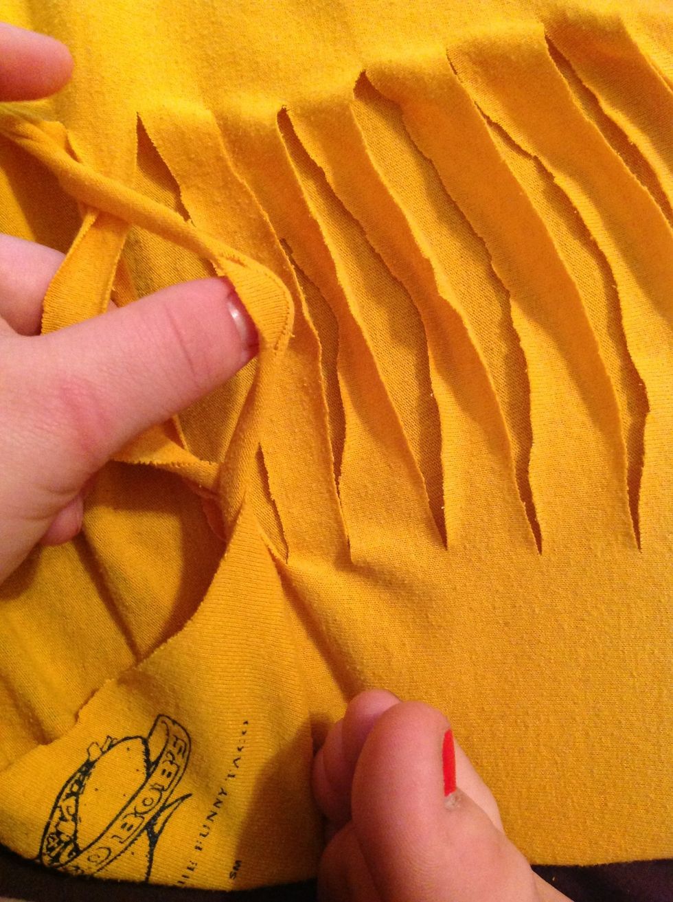 Pull it over top of the first then the third over the second and the fourth over the third and continue to the bottom