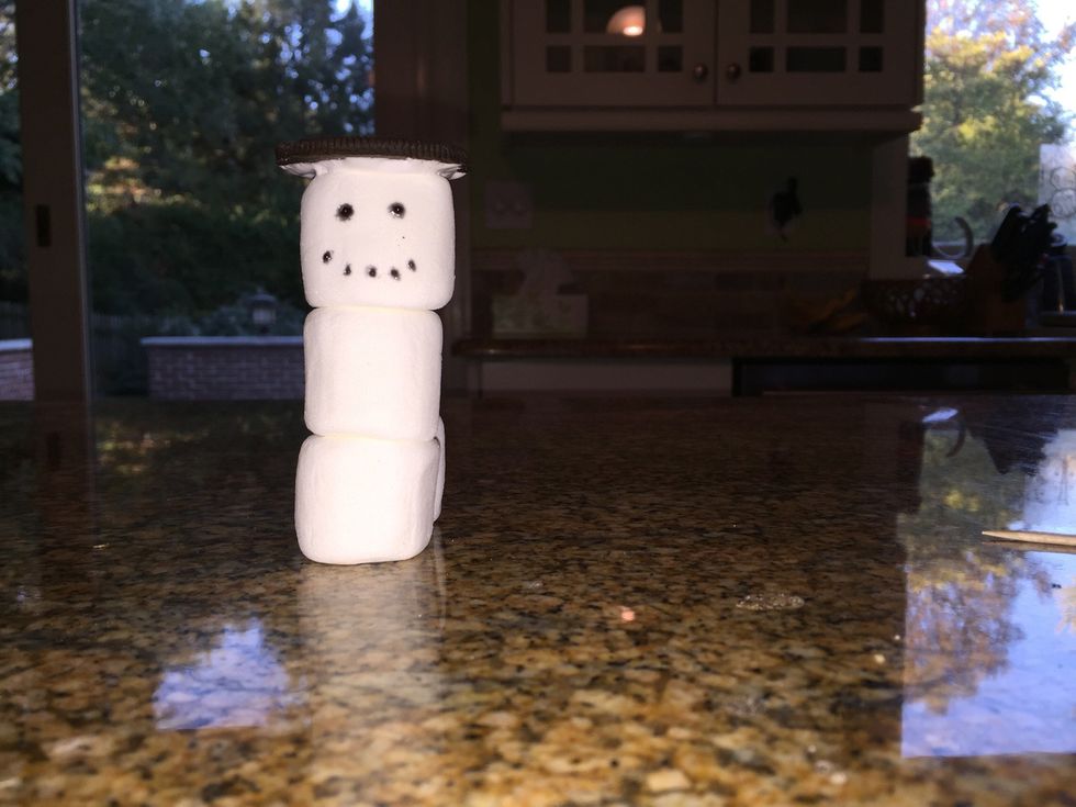 Pull one cookie apart from the rest of the Oreo and place it on top of marshmallow #1. To make it very sturdy, put marshmallow fluff on the bottom of the Oreo where it touches the marshmallow.