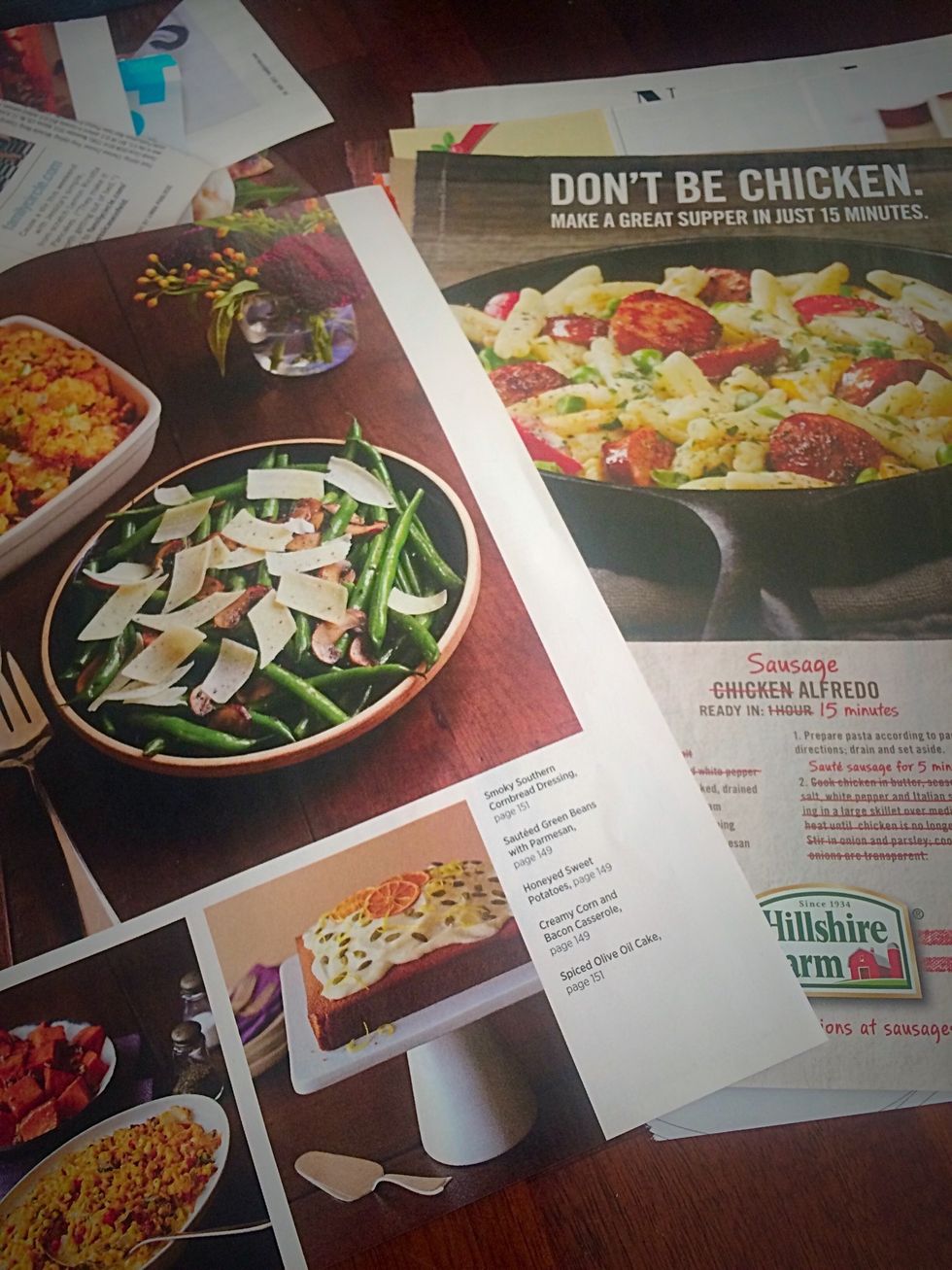 Pull pages out of magazines that have pictures of food that are roughly life size, have all edges showing, and are taken from a top down angle.