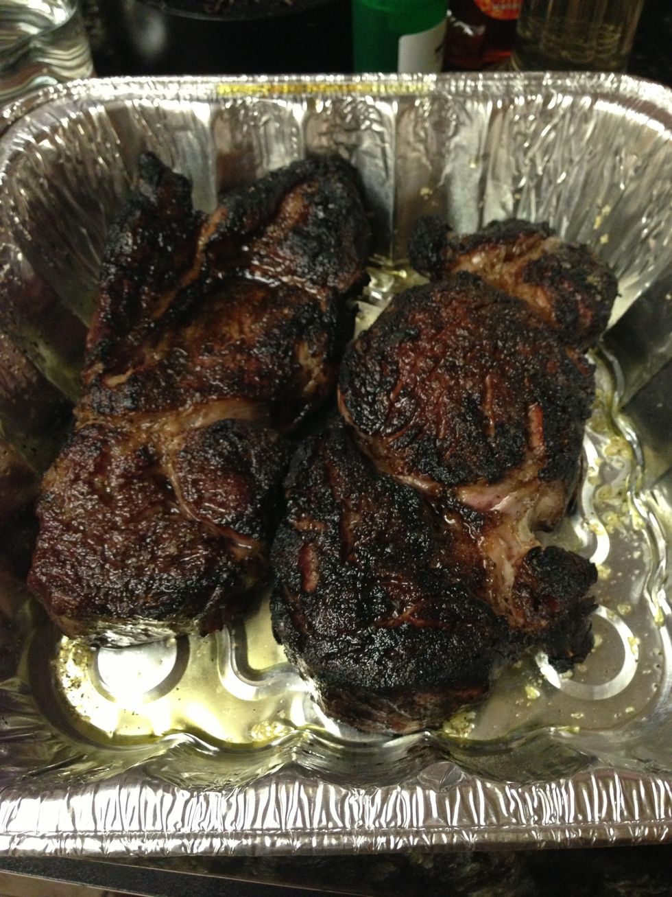 Pull steaks off, cover in foil and place in oven at 150 for 5 minutes.
