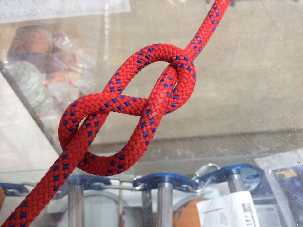 Pull the short side (tag end) of the rope through, and you have tied a figure eight knot.