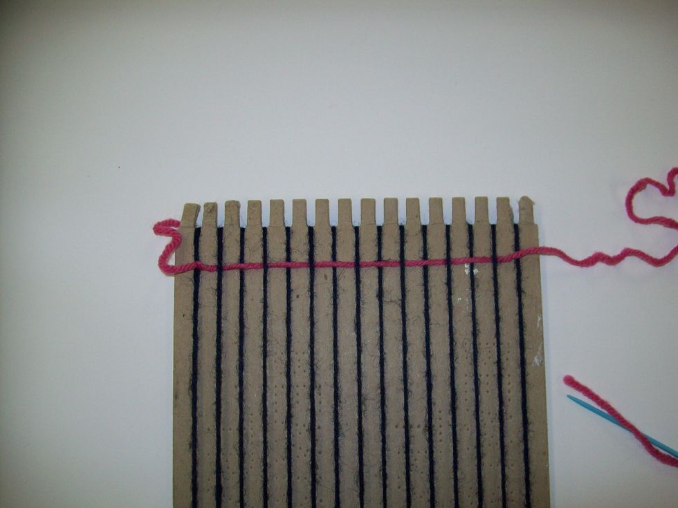 Pull the weft ALL the way through the warp. DO NOT pull so hard that the 1st warp is pulled crooked.