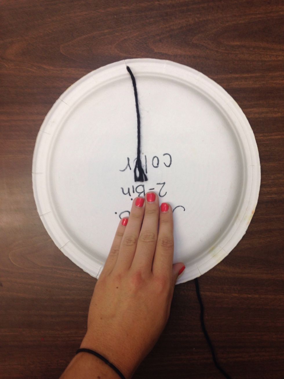 Pull the yarn through the notch so you have a tail in the back of your plate. Make sure you leave a tail that's not too short or it might fall out!