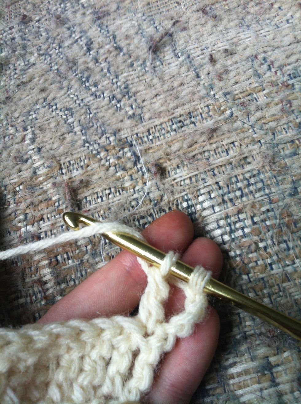 pull through the next 2 loops on your hook. you have 2 loops left. yarn around.