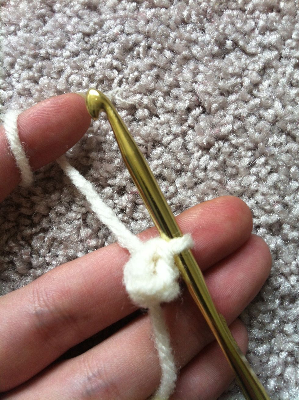 pull trough the chain AND the loop on your hook. now you should have a tiny circle and one loop on your hook.