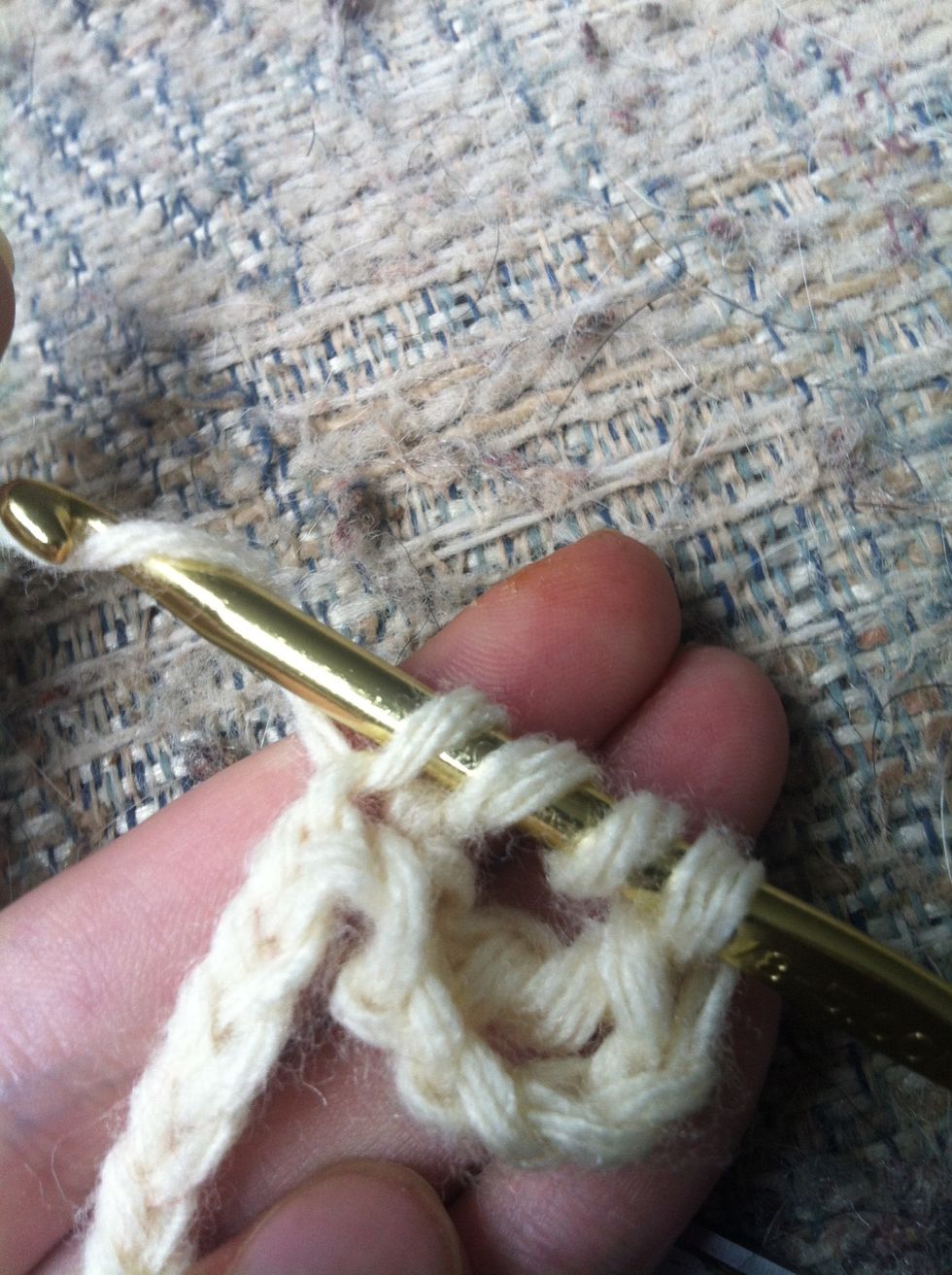 pull trough the chain and you'll have 4 loops on your hook. yarn around and pull trough the first 2