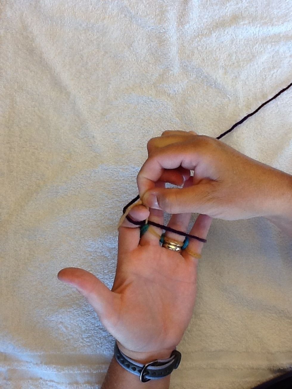 Pull yarn loop over each finger starting with the pointer finger. Then repeat this (over and over) to creat your finger knitting.