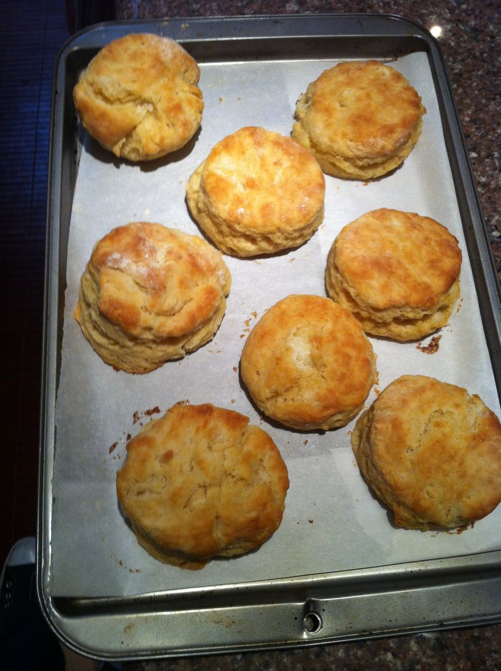 Pull your biscuits out when they look golden with darker browned ridges on top. Note: if you chose to space your biscuits further apart, they may not brown as thoroughly as the ones in this picture.