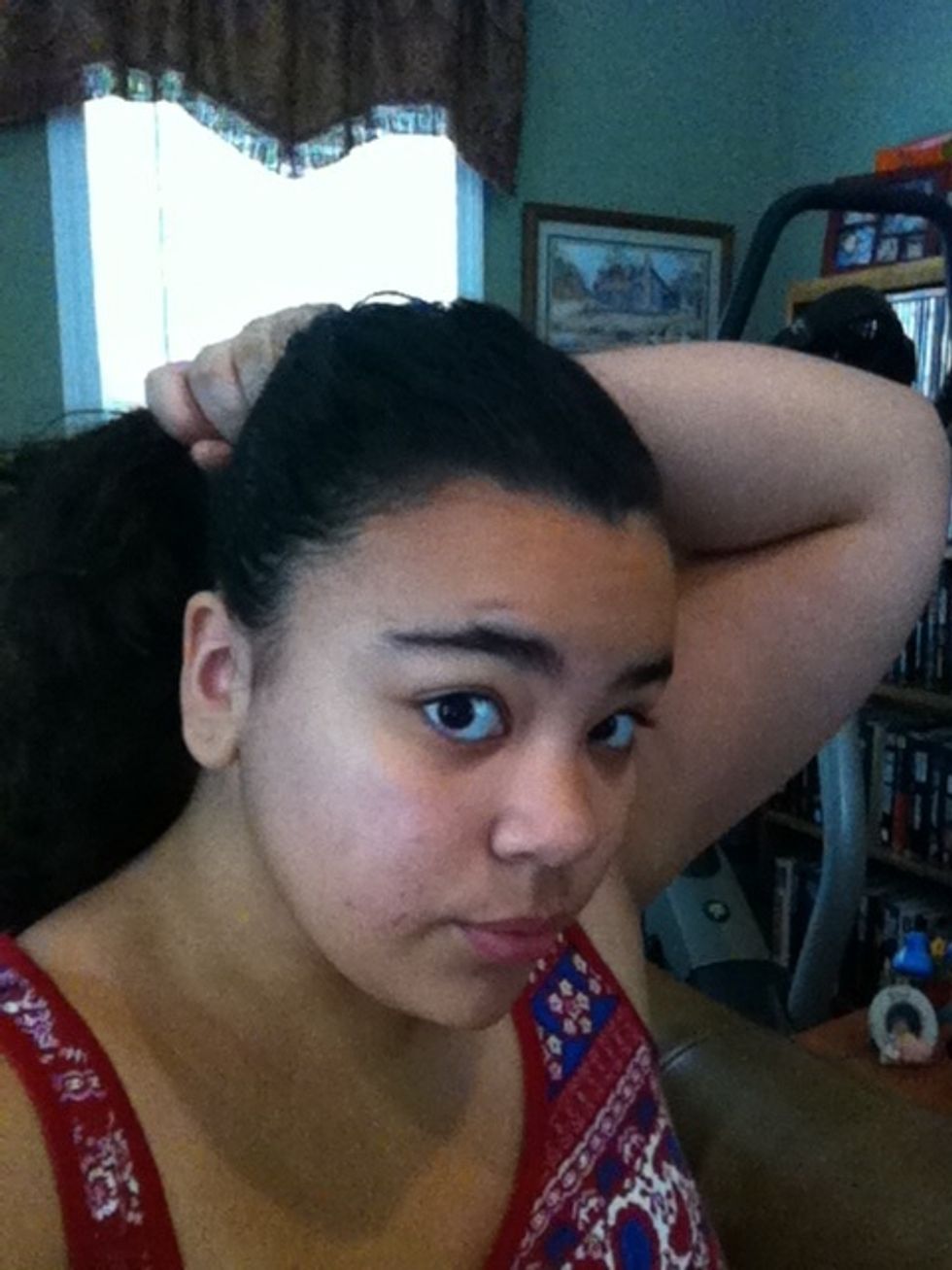 Pull your hair back, bangs out of your face and added into the high ponytail you've got going.