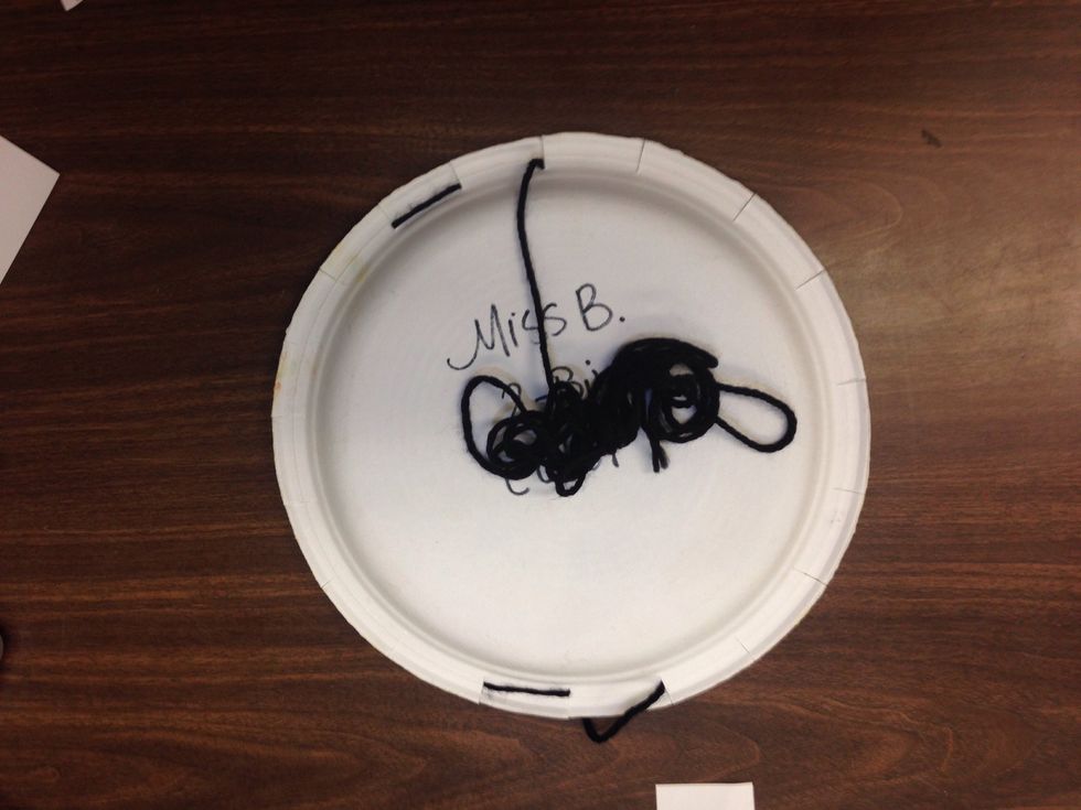 Pull your yarn through to the back. Turn your plate so the yarn is at the bottom and repeat the steps.