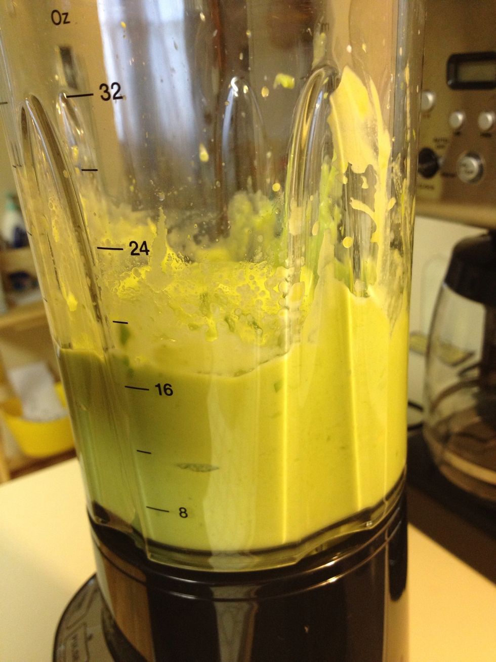 Pulse blender until avocados are coarsely chopped. Blend on high for a few seconds until the mixture resembles yogurt ( thick paste). Take out in a container and chill ( pun intended)