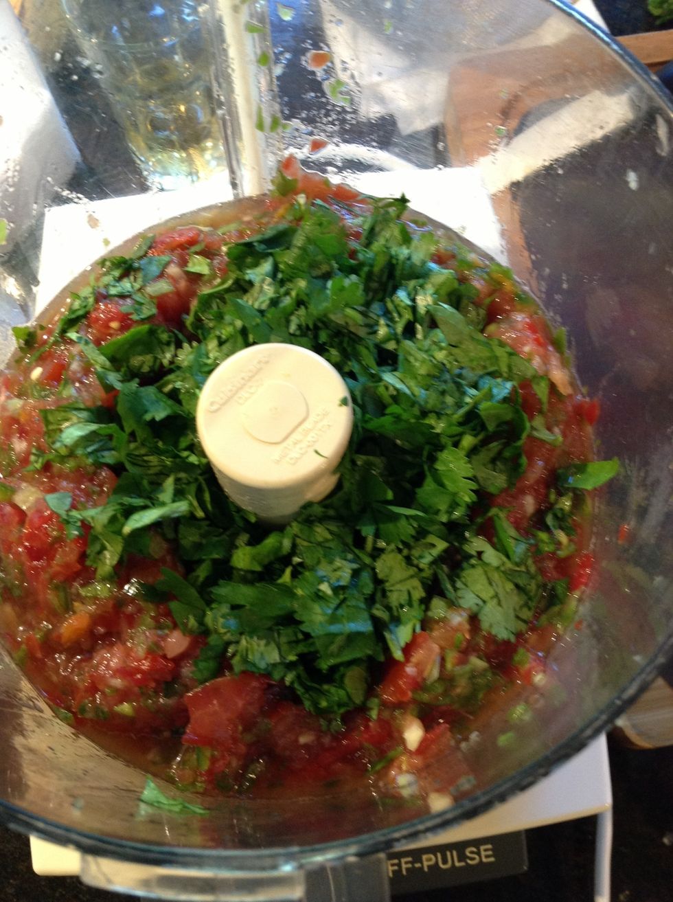 Pulse mixture with 5 (1 sec.) pulse scrape down sides and add 1/2 cup loosely packed chopped fresh cilantro leaves and 1/2 tsp sea salt. Pulse twice more to blend