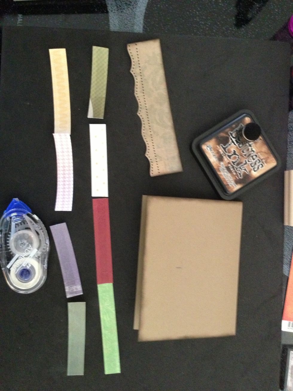 Punch border strip. Distress ink edges & bottom of card and edges & top of border. Make a pencil mark at 2-3/4" from side of card. Apply adhesive to reverse side of strips getting ends well covered.