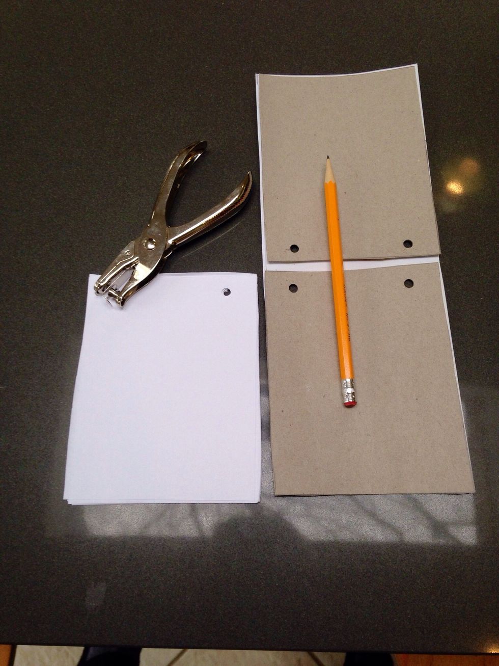 Punch holes in cardboard. Line up paper with cardboard and make pencil marks, through holes, onto papers. A few sheets at a time, punch holes in paper.