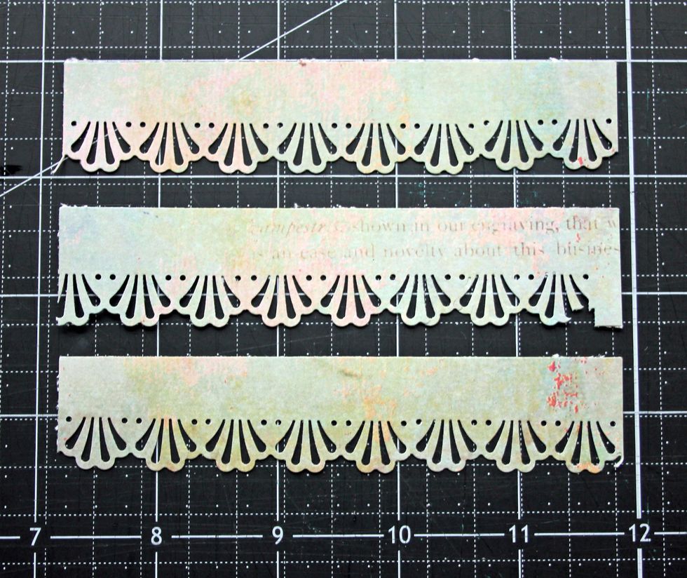 Punch three strips of Royal Menagerie paper using a decorative punch.
