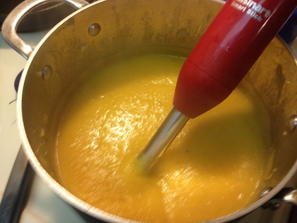 Pur\u00e9e in pot or transfer to blender in batches till smooth. Add a dash of cayenne and salt and pepper to taste.