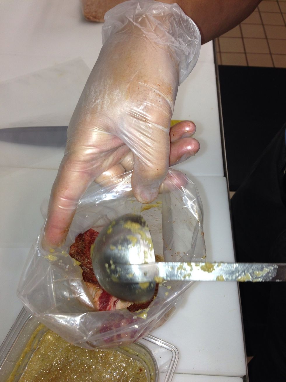 Pur\u00e9e the remaining ingredients and then scoop the marinade into the bags. You don't need too much.