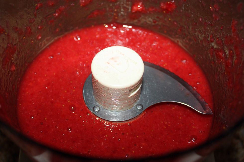 Pur\u00e9e. You need 2/3 cup pur\u00e9e for the cupcakes and 1/4 cup pur\u00e9e for the frosting. I used about 8 or 9 strawberries in total.
