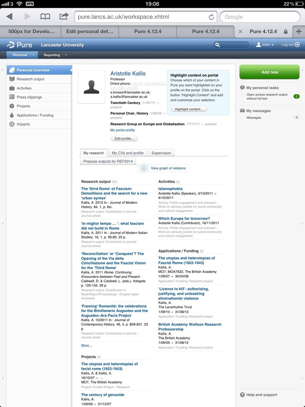PURE landing page (after login) Click ADD NEW from the top right To get there, visit http://pure.lancs.ac.uk from within the university or via VPN from everywhere else.