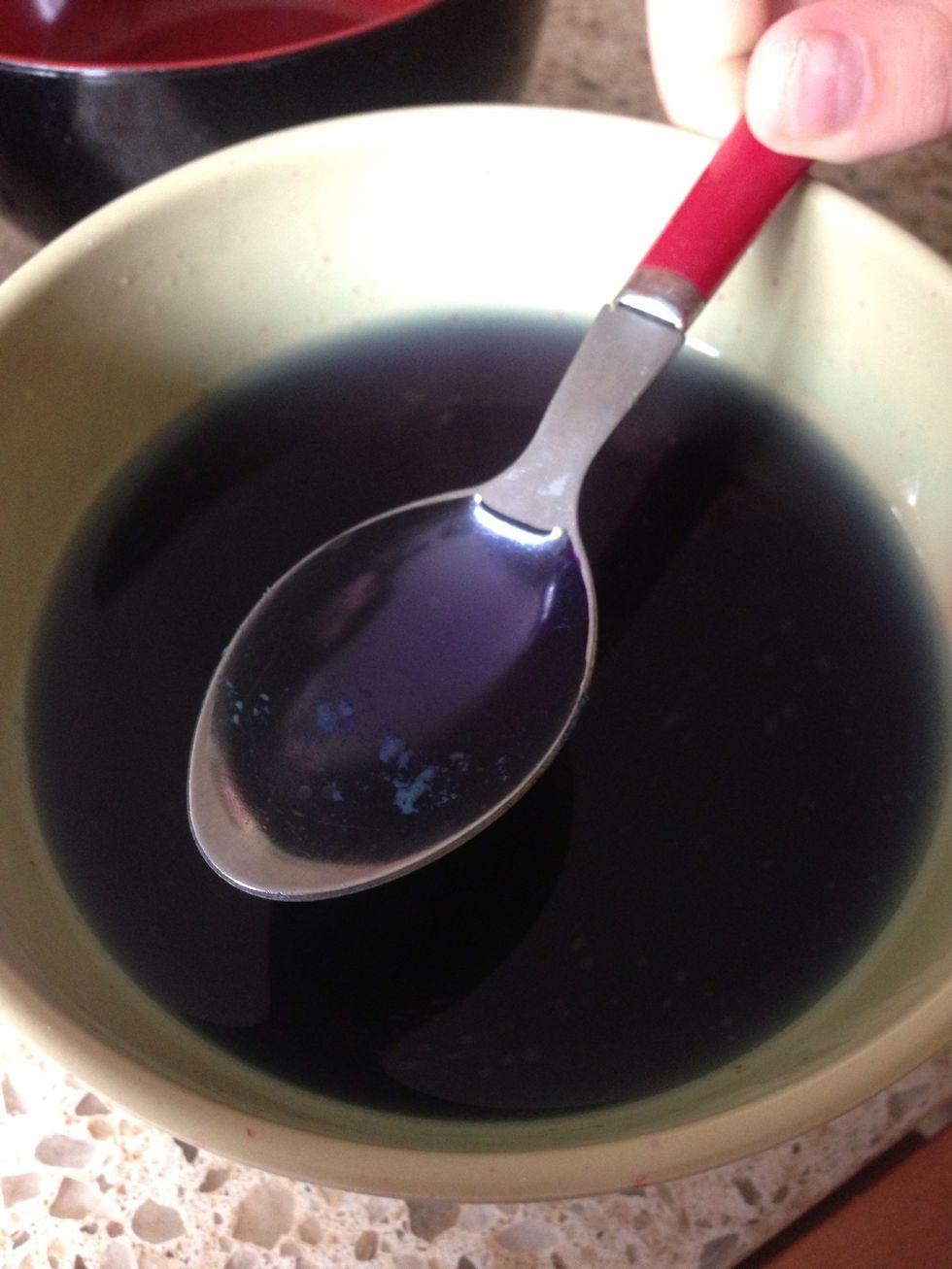 Purple: 4 drops of blue and 2 drops of red. Mix them with your spoon then drop your cut eggs on your bowl and wait until the eggs turn the color that you like.