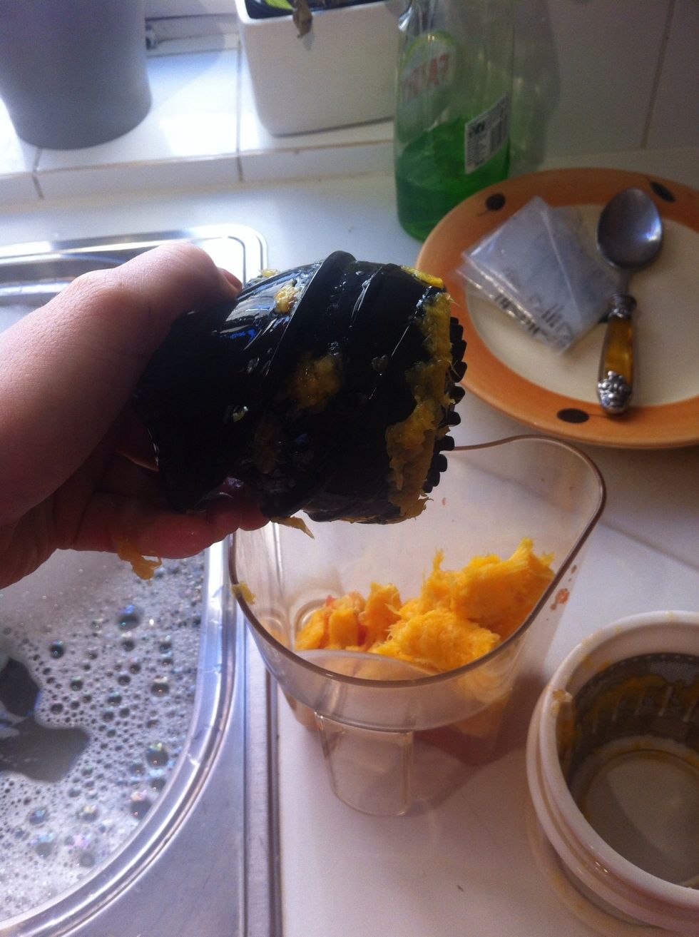 Push off excess pulp from juicer parts before putting in sink!