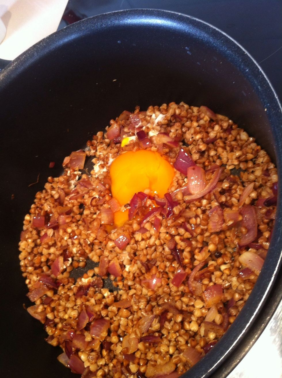 Push the buckwheat and onion aside to make room for the egg. I like my eggs runny \u2014 the yolk is divine mixed in with the buckwheat \u2014so I only let mine cook for 4-5 minutes.