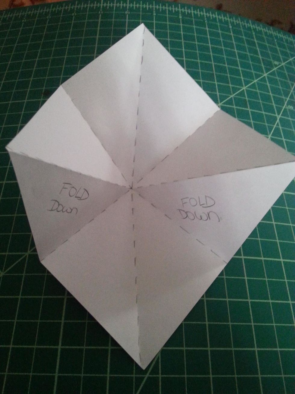 Push the center & your paper will look like the one on the left. I labeled the sides that you will fold down (inward) towards the center line. It should look like the picture in the next step.