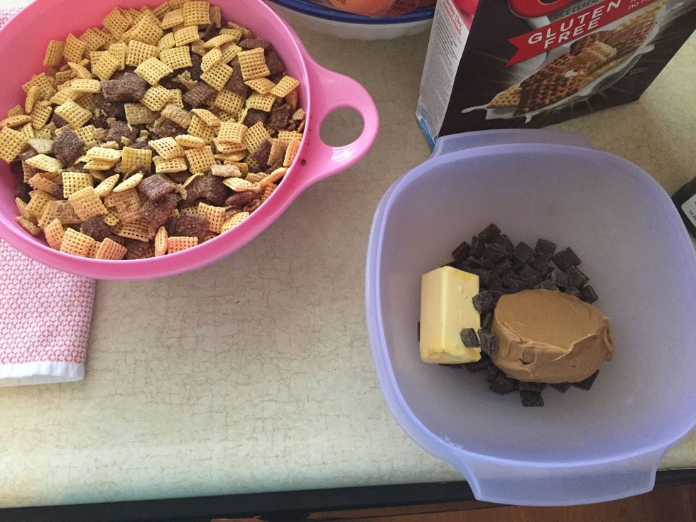 Put 1 cup of chocolate chips, 1/2 cup of peanut butter, and 1/4 cup of butter or margarine and put it in the microwave until it is melted