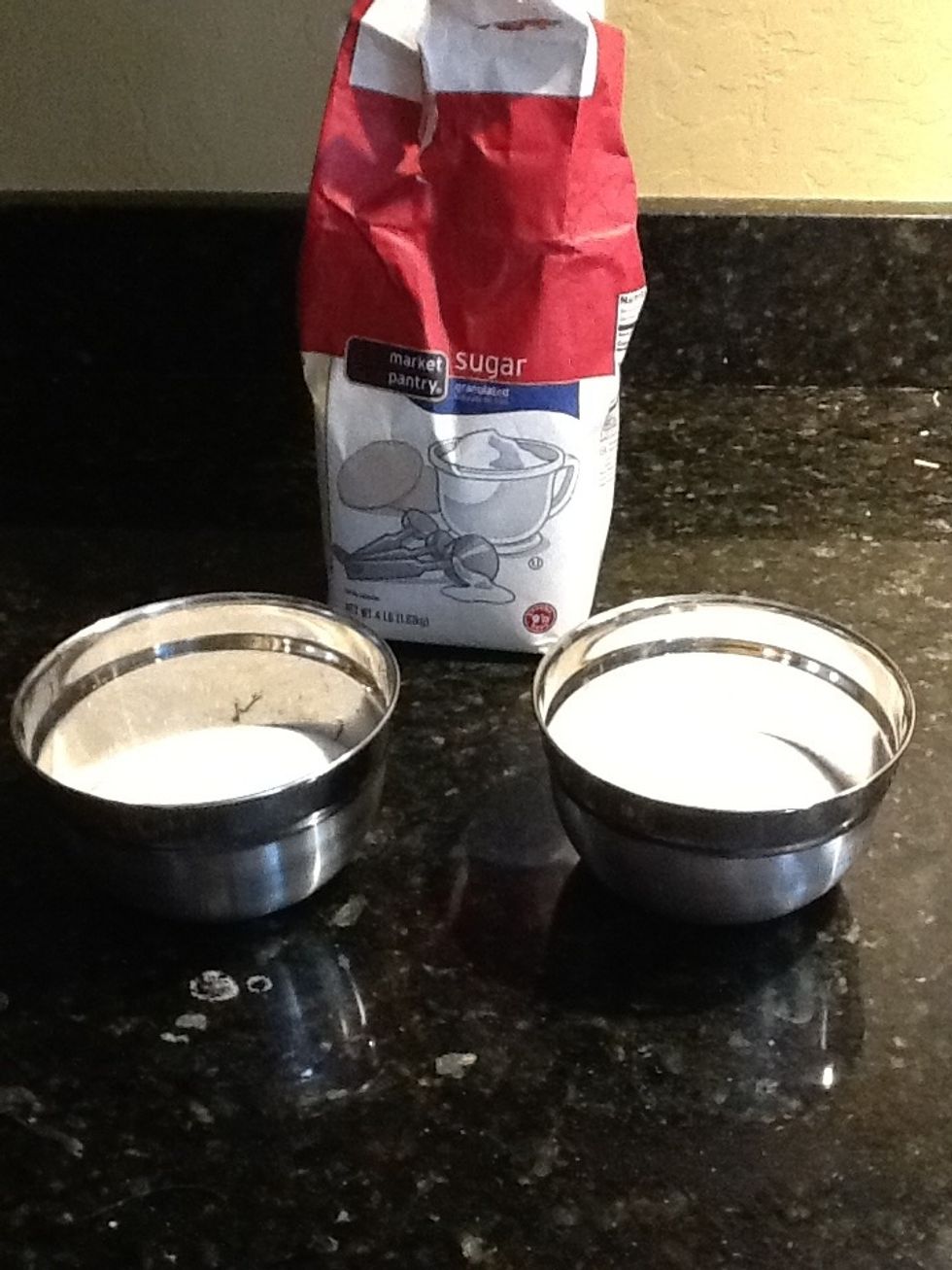 Put 1 cup sugar into each bowl