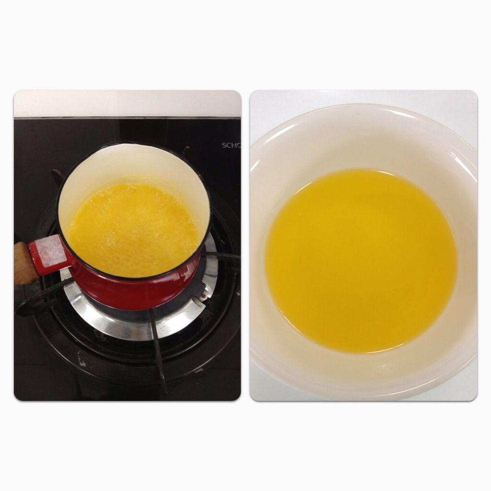 Put 100 grams of butter in a heavy bottomed pan, cook over medium-high heat until browned and nutty smelling. Pour into a bowl and let cool.