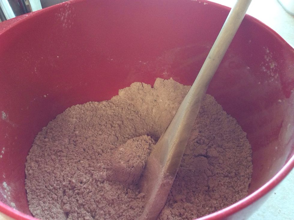 Put 170g of self-raising flour and 55g of cacao powder in bowl.
