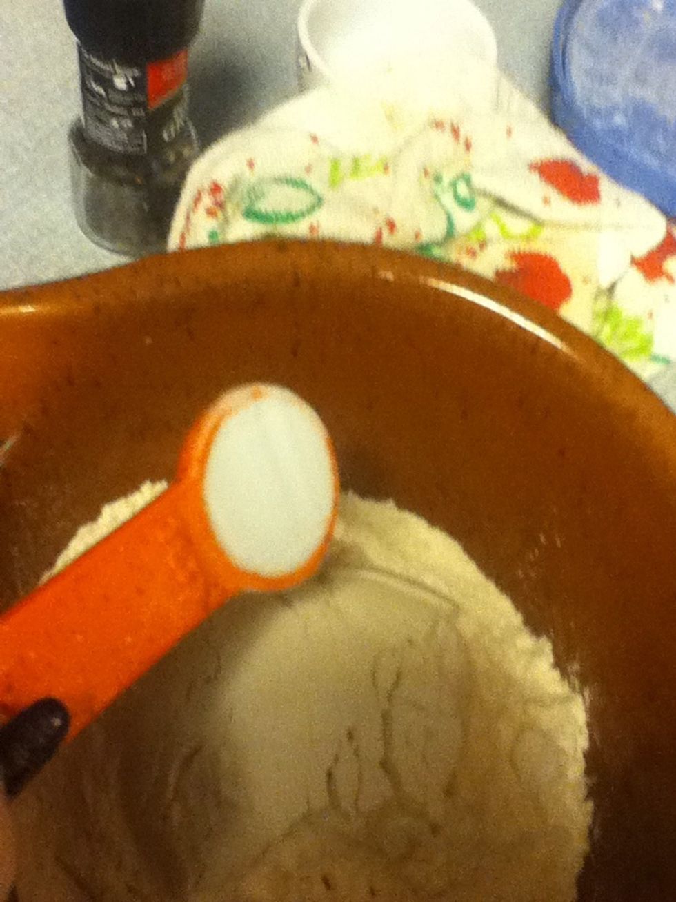 Put 2 1/2 cups in a bowl and add 1 tsp baking soda.. And some salt, if you so desire.
