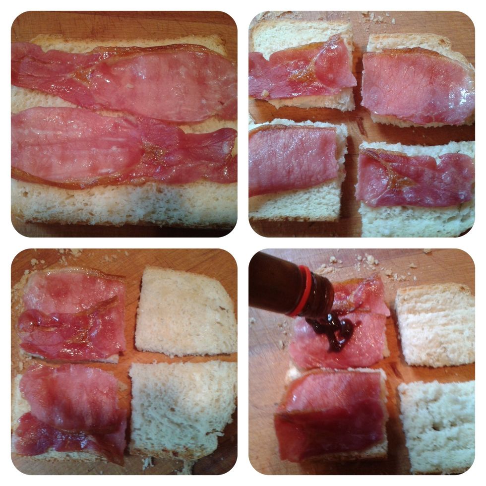 Put 2 slices of bacon onto 1 slice of bread. Cut into 4 quarters. Put the bacon onto 2 of the bread pieces and add your sauce of choice or other toppings.