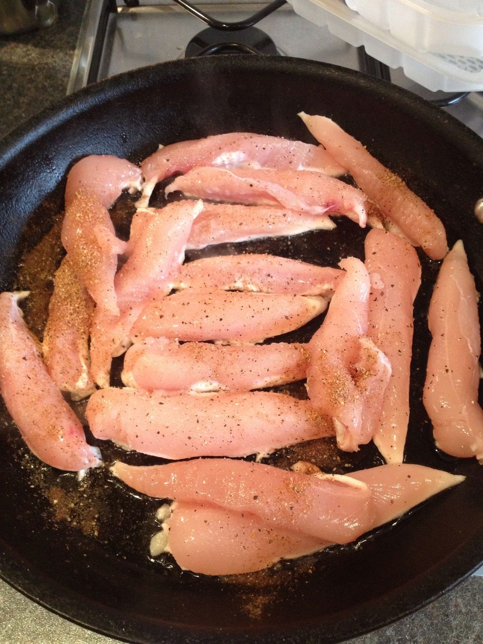 Put 2 tablespoons of walnut oil into a wok or frying pan and warm on a low heat. Place 500g sliced chicken breast into the oil & season with salt, pepper & Chinese 5 spice to taste.