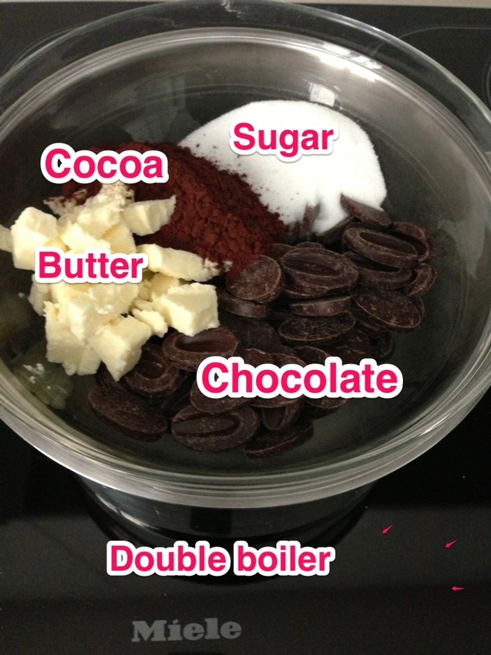 Put 250 gm chocolate+100 gm butter+100 gm sugar+50 gm cocoa +250 gm almond milk. Let them heat on low fire.