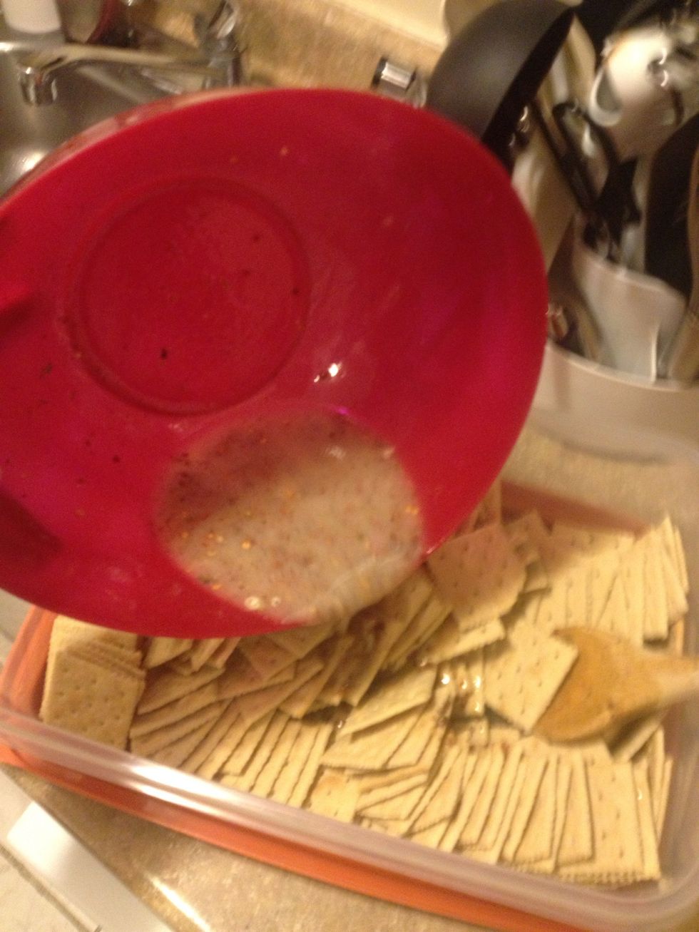 Put 4 cracker sleeves (I use whole wheat saltines) in a container and poor mix over top