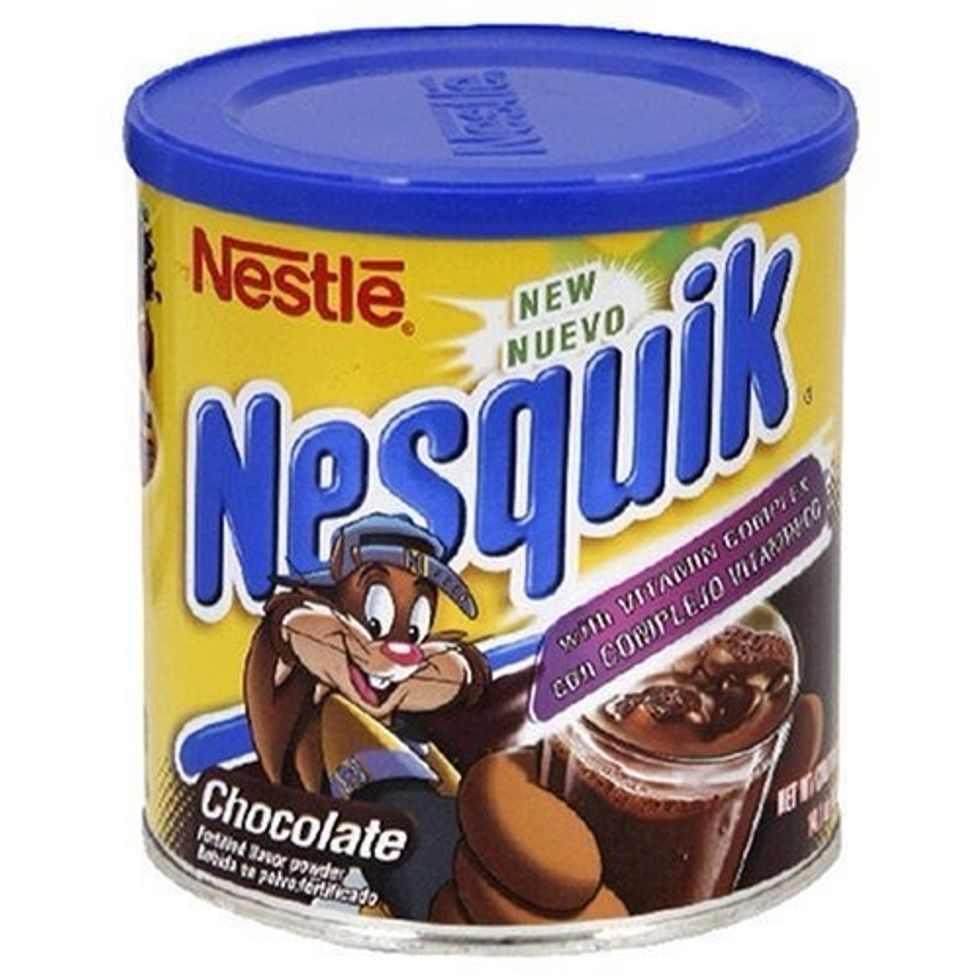 Put 4 table spoons of nesquik into the milkshake maker or blender