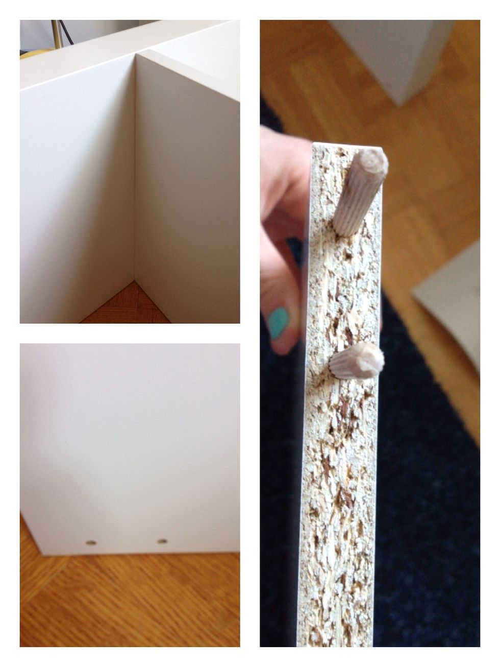 Put 4 wooden pegs into the 4 holes on the longest rectangle piece (the thin one) And push it into the shortest side piece.